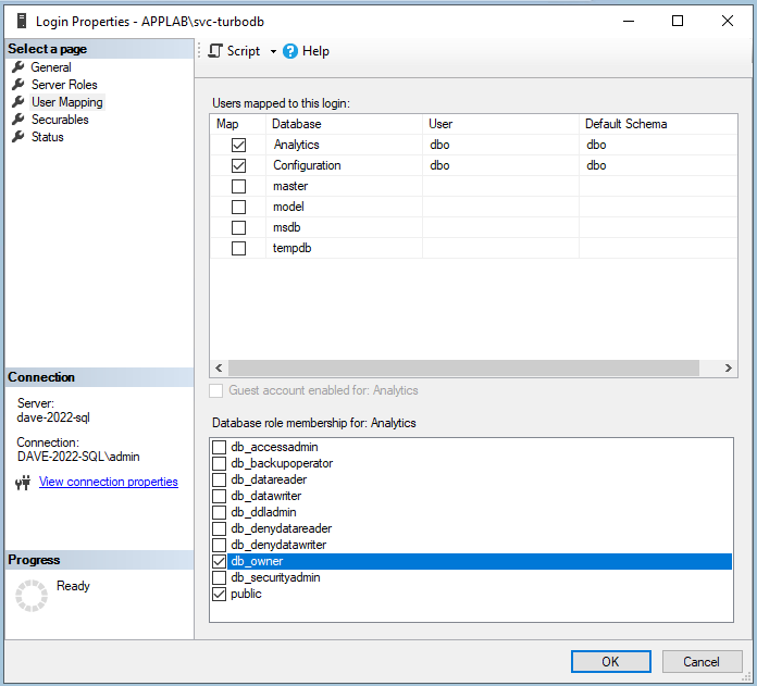 Server setup DB users membership