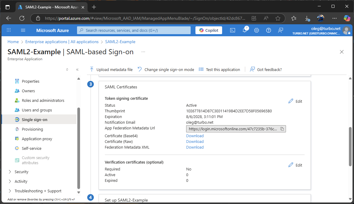 AzureAD SSO + SAML 2.0 certificates