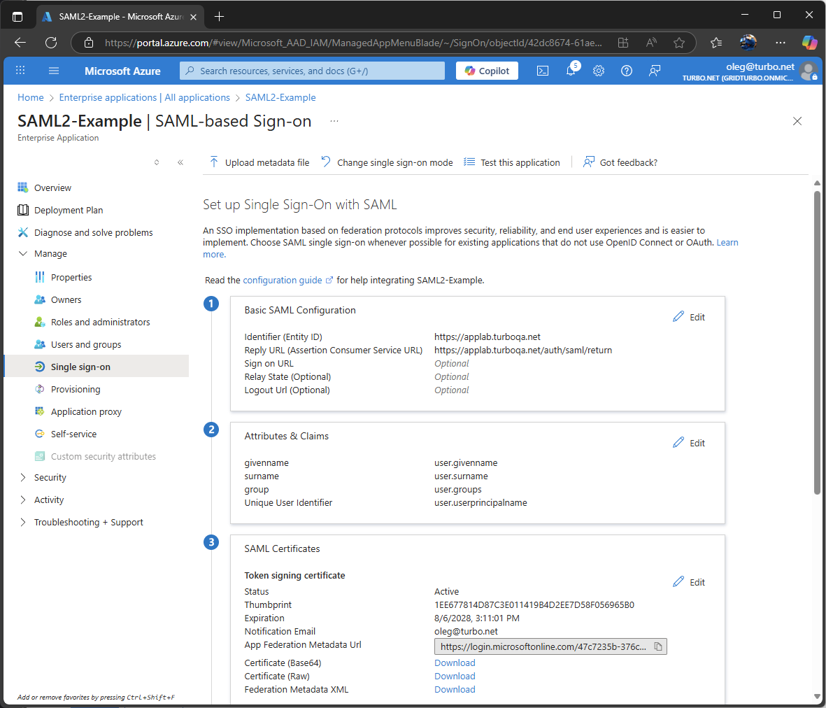 AzureAD SSO + SAML 2.0 configration