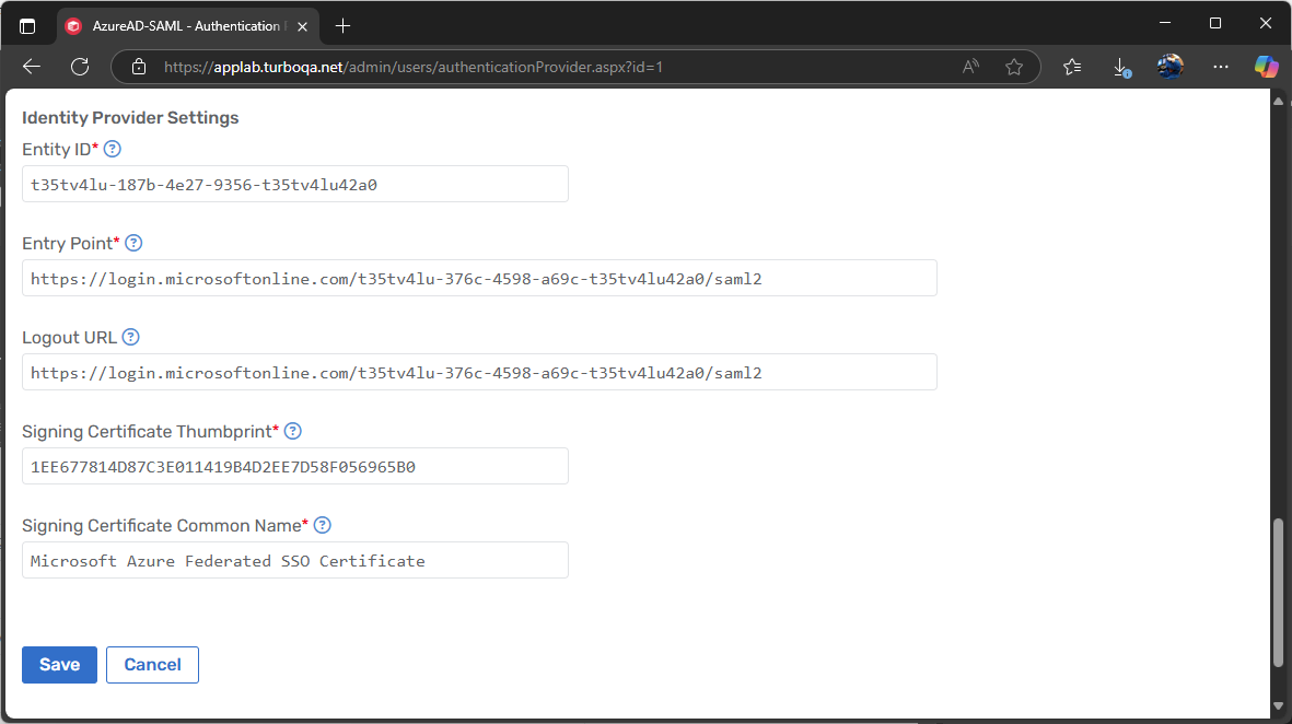 Azure AD SSO + SAML 2.0 server settings 3
