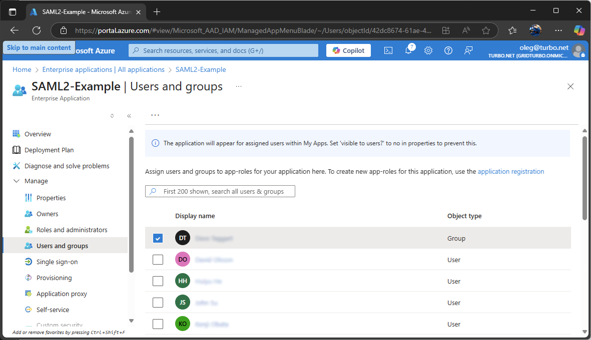 Azure AD SSO + SAML 2.0 user and groups